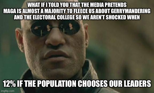 Matrix Morpheus | WHAT IF I TOLD YOU THAT THE MEDIA PRETENDS MAGA IS ALMOST A MAJORITY TO FLEECE US ABOUT GERRYMANDERING AND THE ELECTORAL COLLEGE SO WE AREN’T SHOCKED WHEN; 12% IF THE POPULATION CHOOSES OUR LEADERS | image tagged in memes,matrix morpheus | made w/ Imgflip meme maker