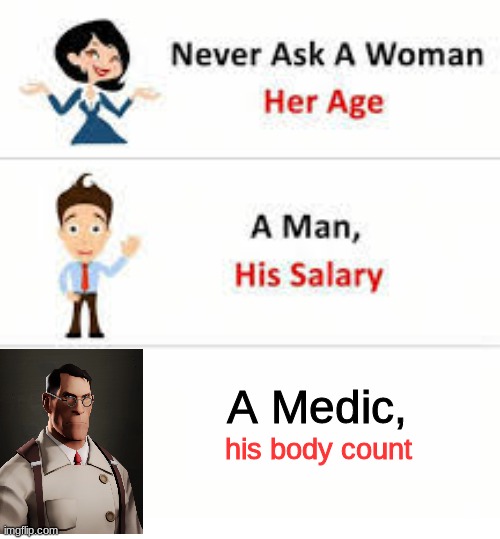 Never ask a medic his body count | A Medic, his body count | image tagged in never ask a woman her age | made w/ Imgflip meme maker