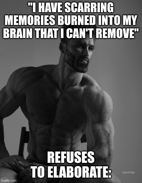 Giga Chad | "I HAVE SCARRING MEMORIES BURNED INTO MY BRAIN THAT I CAN'T REMOVE" REFUSES TO ELABORATE: | image tagged in giga chad | made w/ Imgflip meme maker