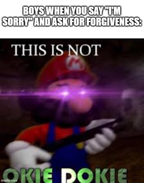 If you know me irl, you know that this is so true XD | BOYS WHEN YOU SAY "I'M SORRY" AND ASK FOR FORGIVENESS: | image tagged in blank white template,this is not okie dokie | made w/ Imgflip meme maker