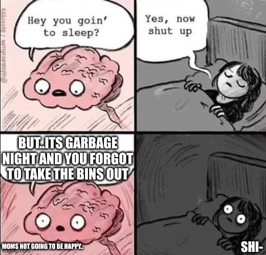 waking up brain | BUT..ITS GARBAGE NIGHT AND YOU FORGOT TO TAKE THE BINS OUT; MOMS NOT GOING TO BE HAPPY.. SHI- | image tagged in waking up brain | made w/ Imgflip meme maker