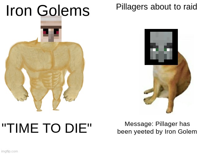 Pillager Raiding is Illegal | Iron Golems; Pillagers about to raid; "TIME TO DIE"; Message: Pillager has been yeeted by Iron Golem | image tagged in memes,buff doge vs cheems | made w/ Imgflip meme maker