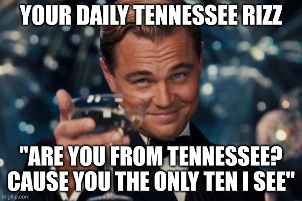 Leonardo Dicaprio Cheers | YOUR DAILY TENNESSEE RIZZ; "ARE YOU FROM TENNESSEE? CAUSE YOU THE ONLY TEN I SEE" | image tagged in memes,leonardo dicaprio cheers | made w/ Imgflip meme maker