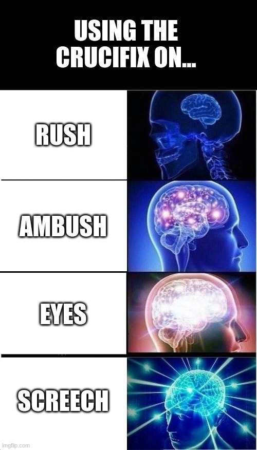 crucifix noise | USING THE CRUCIFIX ON... RUSH; AMBUSH; EYES; SCREECH | image tagged in memes,expanding brain,doors,walter white,gifs,funny | made w/ Imgflip meme maker