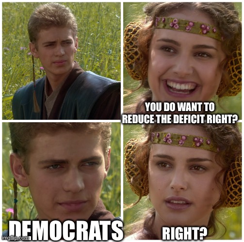 Yep | YOU DO WANT TO REDUCE THE DEFICIT RIGHT? DEMOCRATS; RIGHT? | image tagged in i m going to change the world for the better right star wars | made w/ Imgflip meme maker