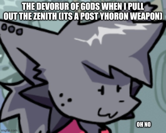 Kapi Oh F**k | THE DEVORUR OF GODS WHEN I PULL OUT THE ZENITH (ITS A POST YHORON WEAPON) OH NO | image tagged in kapi oh f k | made w/ Imgflip meme maker