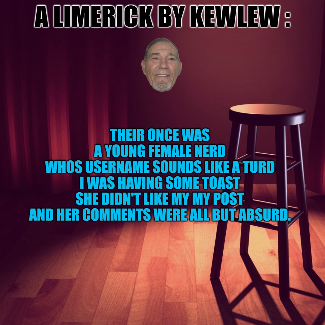 A limerick by kewlew | A LIMERICK BY KEWLEW :; THEIR ONCE WAS A YOUNG FEMALE NERD
WHOS USERNAME SOUNDS LIKE A TURD
I WAS HAVING SOME TOAST
SHE DIDN'T LIKE MY MY POST
AND HER COMMENTS WERE ALL BUT ABSURD. | image tagged in joke template,by kewlew,kewlew | made w/ Imgflip meme maker