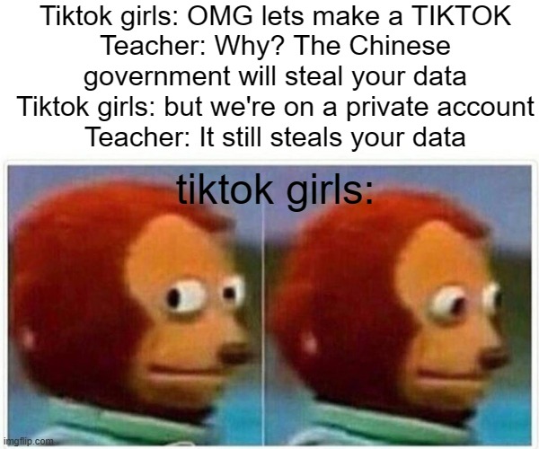 This happened in my art class a few days ago LOL | Tiktok girls: OMG lets make a TIKTOK
Teacher: Why? The Chinese government will steal your data
Tiktok girls: but we're on a private account
Teacher: It still steals your data; tiktok girls: | image tagged in memes,monkey puppet | made w/ Imgflip meme maker