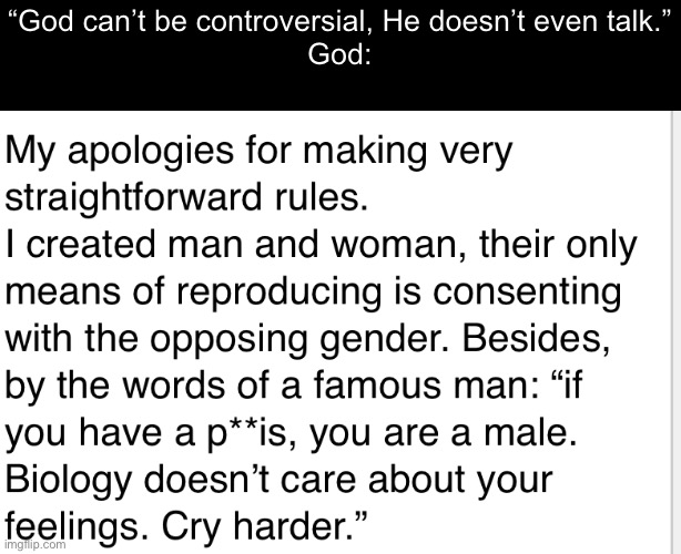 Snowflakes detected so far: 0 (mods help me) | “God can’t be controversial, He doesn’t even talk.”
God: | made w/ Imgflip meme maker