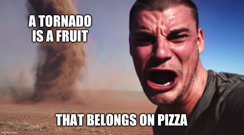 Here it comes | A TORNADO IS A FRUIT THAT BELONGS ON PIZZA | image tagged in here it comes | made w/ Imgflip meme maker