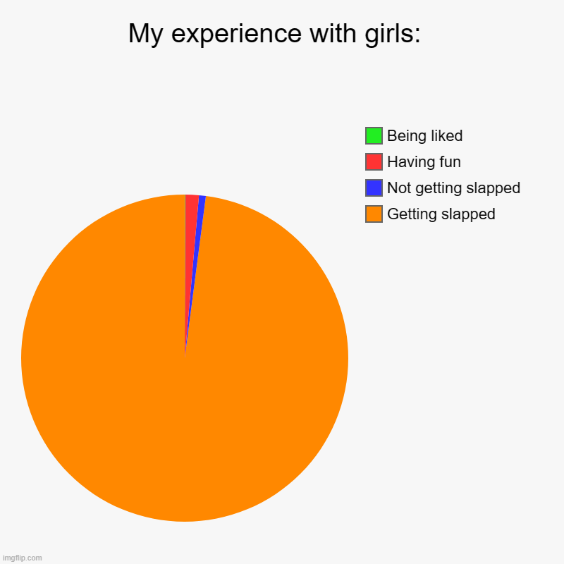 My experience with girls | My experience with girls:  | Getting slapped, Not getting slapped, Having fun, Being liked | image tagged in charts,pie charts | made w/ Imgflip chart maker