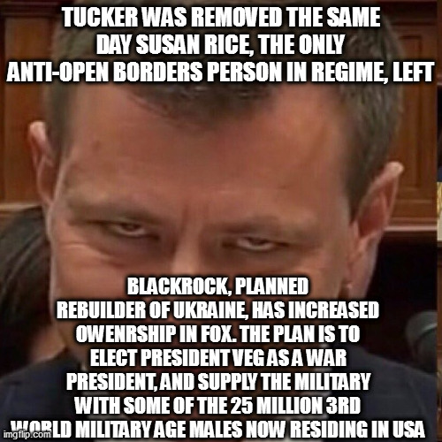 Face of the Deep State | TUCKER WAS REMOVED THE SAME DAY SUSAN RICE, THE ONLY ANTI-OPEN BORDERS PERSON IN REGIME, LEFT; BLACKROCK, PLANNED REBUILDER OF UKRAINE, HAS INCREASED OWENRSHIP IN FOX. THE PLAN IS TO ELECT PRESIDENT VEG AS A WAR PRESIDENT, AND SUPPLY THE MILITARY WITH SOME OF THE 25 MILLION 3RD WORLD MILITARY AGE MALES NOW RESIDING IN USA | image tagged in face of the deep state | made w/ Imgflip meme maker