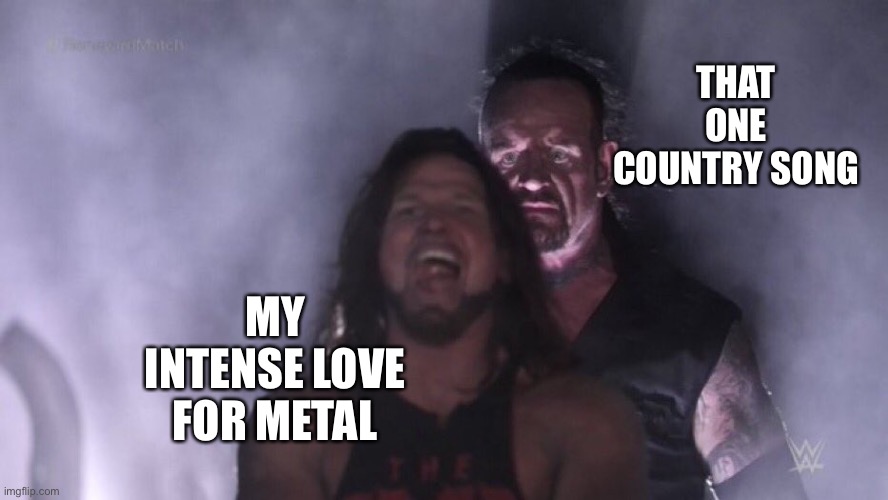 Se4drcgh | THAT ONE COUNTRY SONG; MY INTENSE LOVE FOR METAL | image tagged in aj styles undertaker | made w/ Imgflip meme maker