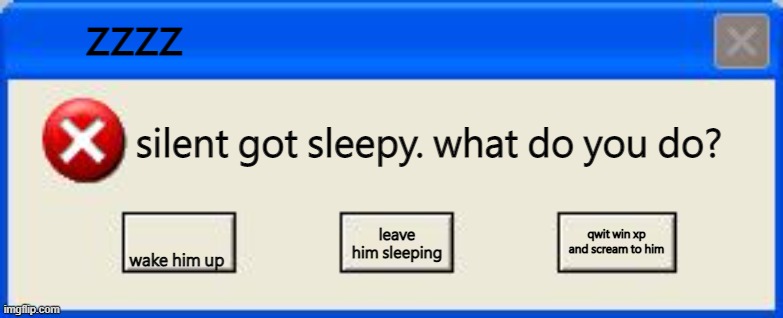 silent error | zzzz; silent got sleepy. what do you do? qwit win xp and scream to him; wake him up; leave him sleeping | image tagged in windows xp error | made w/ Imgflip meme maker
