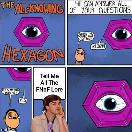 I Said I Want To Know All The FNaF Lore | Tell Me All The FNaF Lore | image tagged in all knowing hexagon original,fnaf | made w/ Imgflip meme maker
