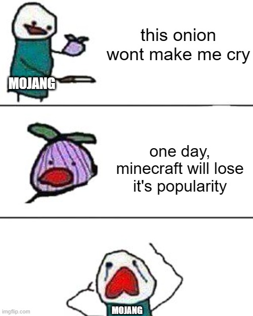 this onion won't make me cry | this onion wont make me cry; MOJANG; one day, minecraft will lose it's popularity; MOJANG | image tagged in this onion won't make me cry,minecraft,gaming | made w/ Imgflip meme maker