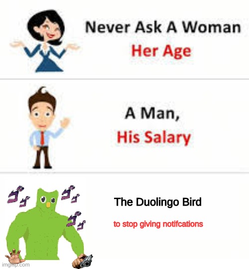DO YOUR SPANISH | The Duolingo Bird; to stop giving notifcations | image tagged in never ask a woman her age | made w/ Imgflip meme maker