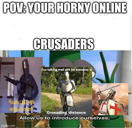 Allow us to introduce ourselves | POV: YOUR HORNY ONLINE; CRUSADERS | image tagged in allow us to introduce ourselves | made w/ Imgflip meme maker