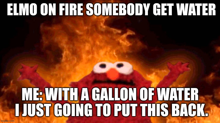 elmo fire | ELMO ON FIRE SOMEBODY GET WATER; ME: WITH A GALLON OF WATER  I JUST GOING TO PUT THIS BACK. | image tagged in elmo fire | made w/ Imgflip meme maker