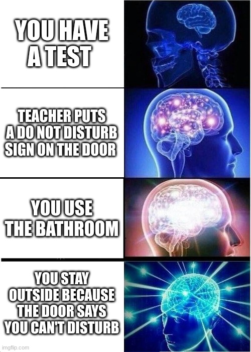 it's a smart move | YOU HAVE A TEST; TEACHER PUTS A DO NOT DISTURB SIGN ON THE DOOR; YOU USE THE BATHROOM; YOU STAY OUTSIDE BECAUSE THE DOOR SAYS YOU CAN'T DISTURB | image tagged in memes,expanding brain | made w/ Imgflip meme maker