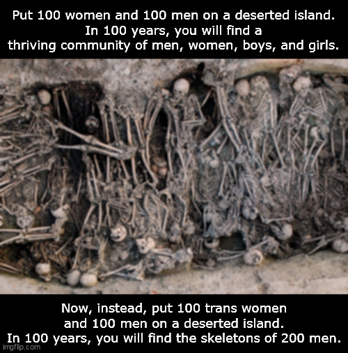 Men can get pregnant, right? | Put 100 women and 100 men on a deserted island.
In 100 years, you will find a thriving community of men, women, boys, and girls. Now, instead, put 100 trans women and 100 men on a deserted island.
In 100 years, you will find the skeletons of 200 men. | image tagged in transgender,fake news,science,biology,men vs women | made w/ Imgflip meme maker