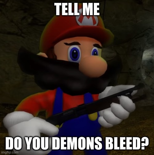 HahahahahahaahahahahahAHHAHAAHHAHAHAHAHAHAHHAHA | TELL ME; DO YOU DEMONS BLEED? | image tagged in mario with shotgun | made w/ Imgflip meme maker