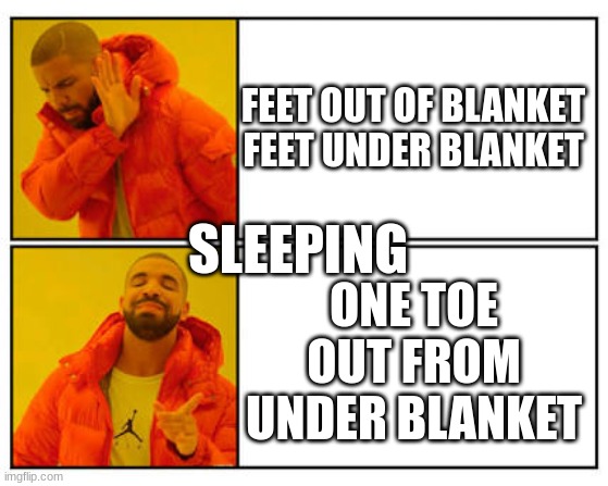No - Yes | FEET OUT OF BLANKET

FEET UNDER BLANKET; SLEEPING; ONE TOE OUT FROM UNDER BLANKET | image tagged in no - yes | made w/ Imgflip meme maker