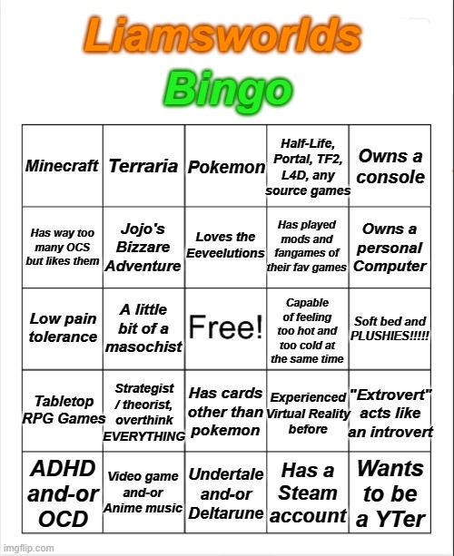 Liamsworlds Bingo | Liamsworlds; Bingo; Half-Life, Portal, TF2,
L4D, any
source games; Pokemon; Minecraft; Terraria; Owns a
console; Loves the

Eeveelutions; Jojo's Bizzare Adventure; Has played mods and fangames of their fav games; Has way too
many OCS but likes them; Owns a personal Computer; A little bit of a
masochist; Low pain

tolerance; Capable of feeling too hot and too cold at
the same time; Soft bed and

PLUSHIES!!!!! Tabletop RPG Games; Strategist / theorist, overthink EVERYTHING; Experienced Virtual Reality
before; "Extrovert"

acts like
an introvert; Has cards other than
pokemon; Video game
and-or
Anime music; ADHD
and-or
OCD; Undertale and-or Deltarune; Has a
Steam account; Wants to be a YTer | image tagged in blank bingo | made w/ Imgflip meme maker