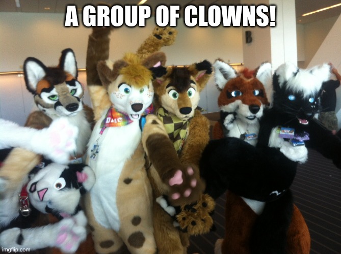 Furries | A GROUP OF CLOWNS! | image tagged in furries | made w/ Imgflip meme maker