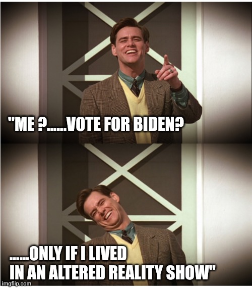 "The false-man show" | "ME ?......VOTE FOR BIDEN? ......ONLY IF I LIVED IN AN ALTERED REALITY SHOW" | image tagged in trumanshowdebunkingthelamesthatwouldmonitorat | made w/ Imgflip meme maker