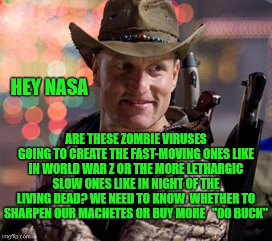 Zombieland Tallahassee | HEY NASA; ARE THESE ZOMBIE VIRUSES GOING TO CREATE THE FAST-MOVING ONES LIKE IN WORLD WAR Z OR THE MORE LETHARGIC SLOW ONES LIKE IN NIGHT OF THE LIVING DEAD? WE NEED TO KNOW  WHETHER TO SHARPEN OUR MACHETES OR BUY MORE   "00 BUCK" | image tagged in zombieland tallahassee | made w/ Imgflip meme maker