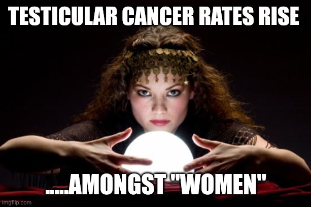 Cnn...nbc...abc...msnbc...pbs and now fox reports | TESTICULAR CANCER RATES RISE; .....AMONGST "WOMEN" | image tagged in fortune teller | made w/ Imgflip meme maker