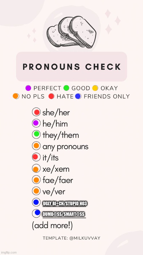 Yummy delicious | UGLY BI+CH/STUPID H03; DUMB@SS/SMART@SS | image tagged in pronoun check,lgbtq,pronouns,yes | made w/ Imgflip meme maker