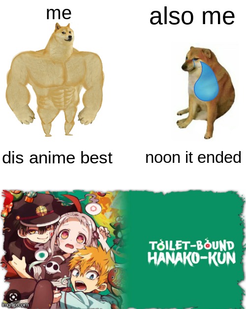 WHYYYY | me; also me; dis anime best; noon it ended | image tagged in memes,buff doge vs cheems | made w/ Imgflip meme maker