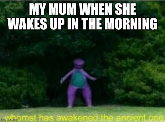 Whomst has awakened the ancient one | MY MUM WHEN SHE WAKES UP IN THE MORNING | image tagged in whomst has awakened the ancient one | made w/ Imgflip meme maker