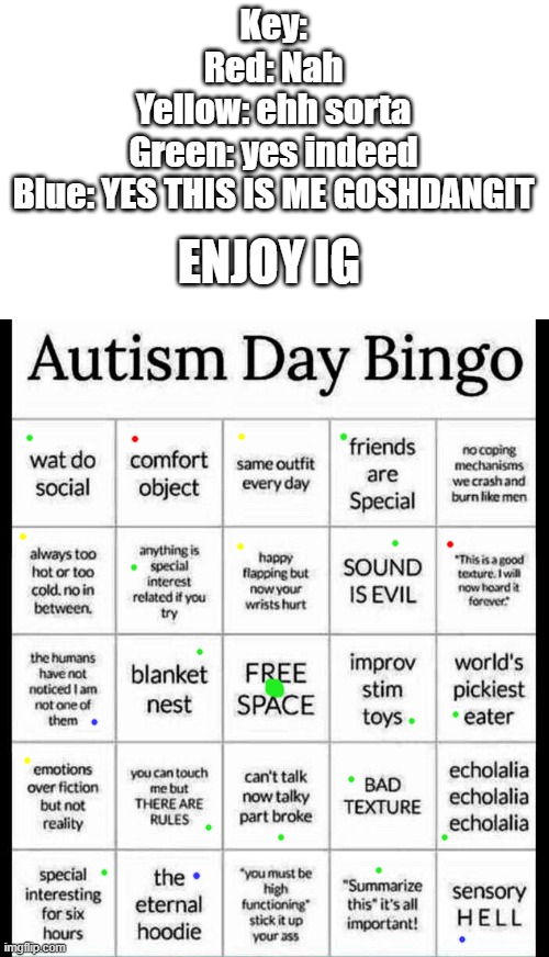 e | Key:
Red: Nah
Yellow: ehh sorta
Green: yes indeed
Blue: YES THIS IS ME GOSHDANGIT; ENJOY IG | image tagged in autism bingo | made w/ Imgflip meme maker