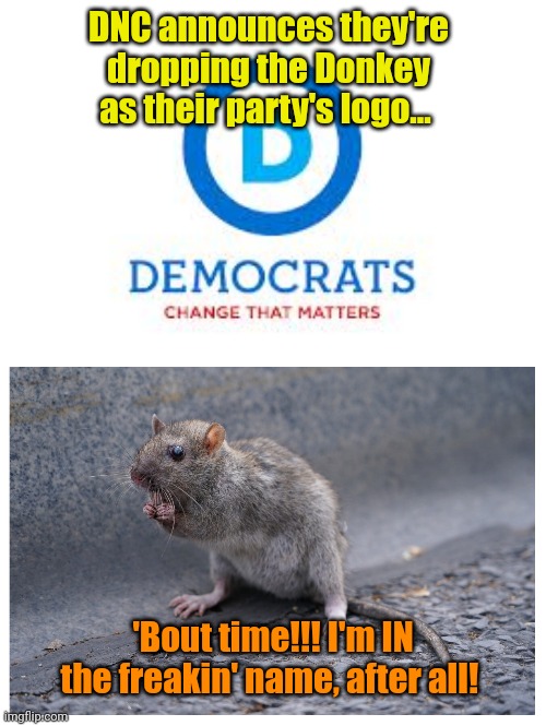 Snakes came in 2nd. | DNC announces they're dropping the Donkey as their party's logo... 'Bout time!!! I'm IN the freakin' name, after all! | made w/ Imgflip meme maker