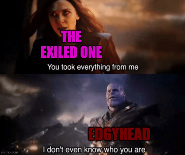 yes | THE EXILED ONE; EDGYHEAD | image tagged in you took everything from me - i don't even know who you are | made w/ Imgflip meme maker