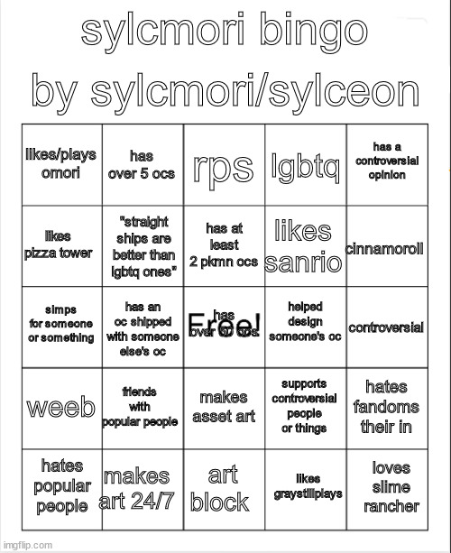 made a bingo | by sylcmori/sylceon; sylcmori bingo; rps; has over 5 ocs; has a controversial opinion; likes/plays omori; lgbtq; has at least 2 pkmn ocs; likes pizza tower; cinnamoroll; likes sanrio; "straight ships are better than lgbtq ones"; helped design someone's oc; has over 50 ocs; simps for someone or something; controversial; has an oc shipped with someone else's oc; weeb; friends with popular people; hates fandoms their in; supports controversial people or things; makes asset art; makes art 24/7; loves slime rancher; hates popular people; art block; likes graystillplays | image tagged in blank bingo | made w/ Imgflip meme maker