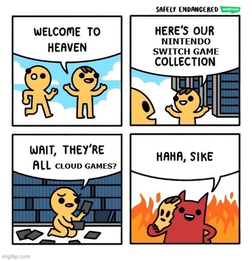Heaven WiFi isn't reliable | NINTENDO SWITCH GAME; CLOUD GAMES? | image tagged in heaven collection,memes,nintendo switch,cloud,video games | made w/ Imgflip meme maker