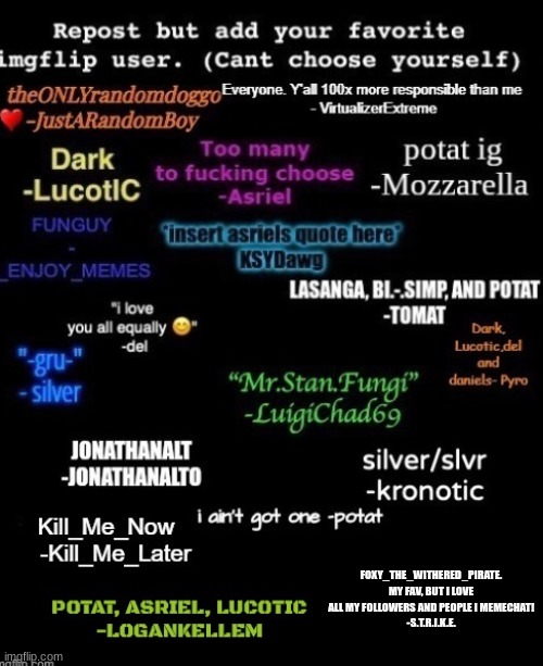 FOXY_THE_WITHERED_PIRATE.
MY FAV, BUT I LOVE ALL MY FOLLOWERS AND PEOPLE I MEMECHAT!
-S.T.R.I.K.E. | made w/ Imgflip meme maker