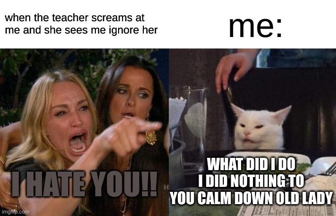 scream | when the teacher screams at me and she sees me ignore her; me:; WHAT DID I DO I DID NOTHING TO YOU CALM DOWN OLD LADY; I HATE YOU!! | image tagged in fun | made w/ Imgflip meme maker