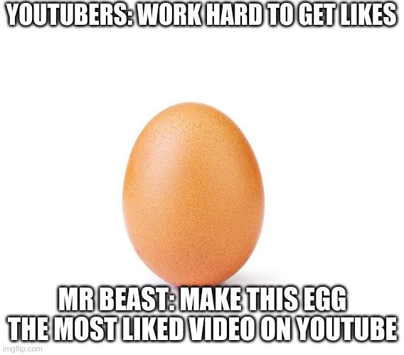 Eggbert | YOUTUBERS: WORK HARD TO GET LIKES; MR BEAST: MAKE THIS EGG THE MOST LIKED VIDEO ON YOUTUBE | image tagged in eggbert | made w/ Imgflip meme maker