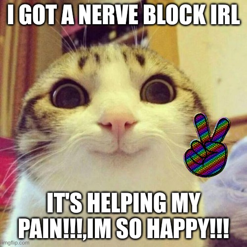 GREAT NEWS | I GOT A NERVE BLOCK IRL; IT'S HELPING MY PAIN!!!,IM SO HAPPY!!! | image tagged in memes,smiling cat,happy,yayy | made w/ Imgflip meme maker