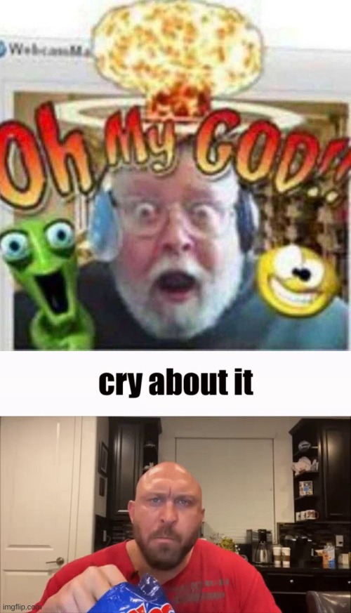 image tagged in oh my god,cry about it | made w/ Imgflip meme maker