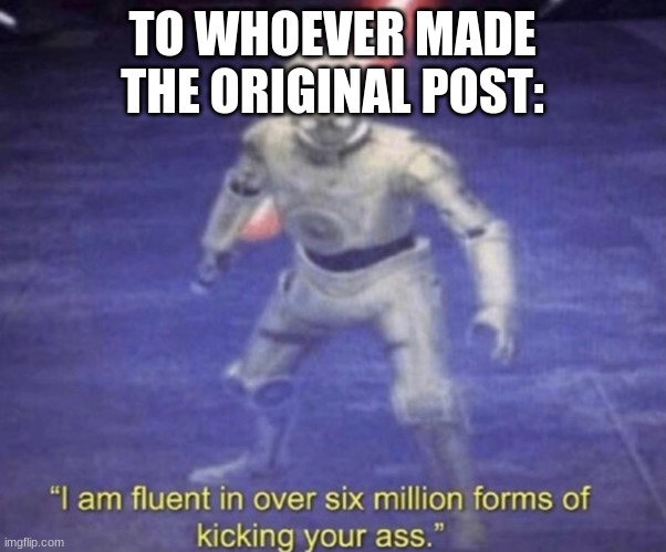 I am fluent in over six million forms of kicking your ass | TO WHOEVER MADE THE ORIGINAL POST: | image tagged in i am fluent in over six million forms of kicking your ass | made w/ Imgflip meme maker