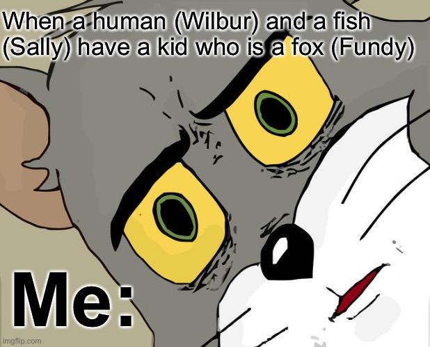 Unsettled Tom | When a human (Wilbur) and a fish (Sally) have a kid who is a fox (Fundy); Me: | image tagged in memes,unsettled tom | made w/ Imgflip meme maker