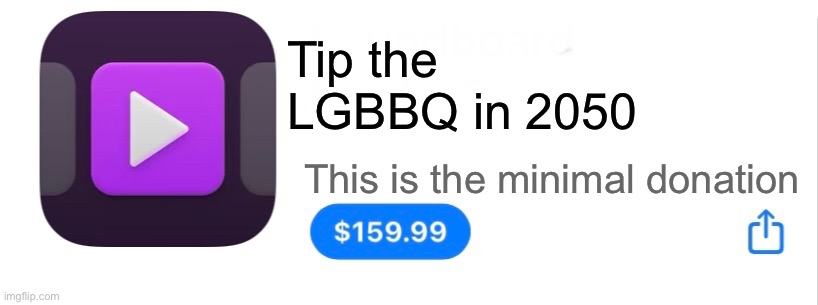 Old template i found | Tip the LGBBQ in 2050; This is the minimal donation | image tagged in app for 159 99 | made w/ Imgflip meme maker