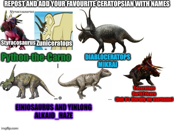 Triceratops
DarthTricera
(Duh it's literally my username) | made w/ Imgflip meme maker