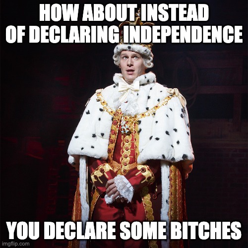 fr | HOW ABOUT INSTEAD OF DECLARING INDEPENDENCE; YOU DECLARE SOME BITCHES | image tagged in king george hamilton | made w/ Imgflip meme maker